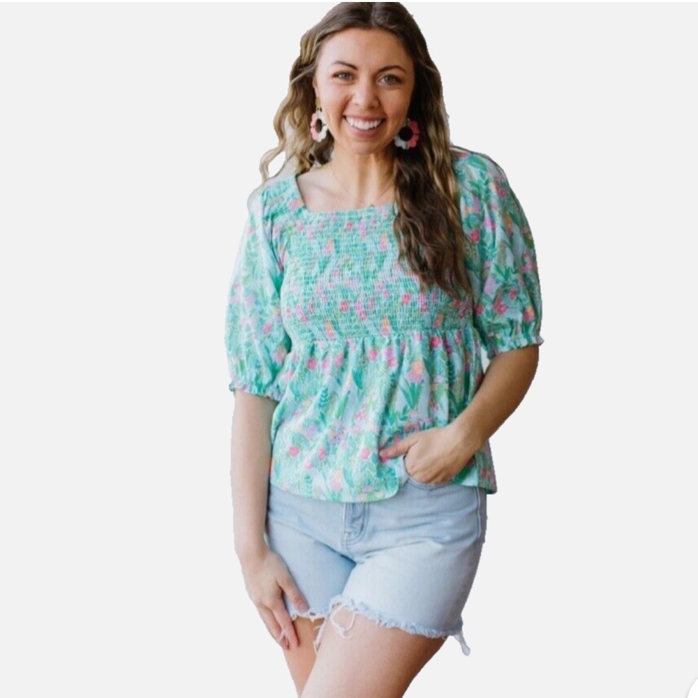 Chic Floral Blouse - Mint and Pink